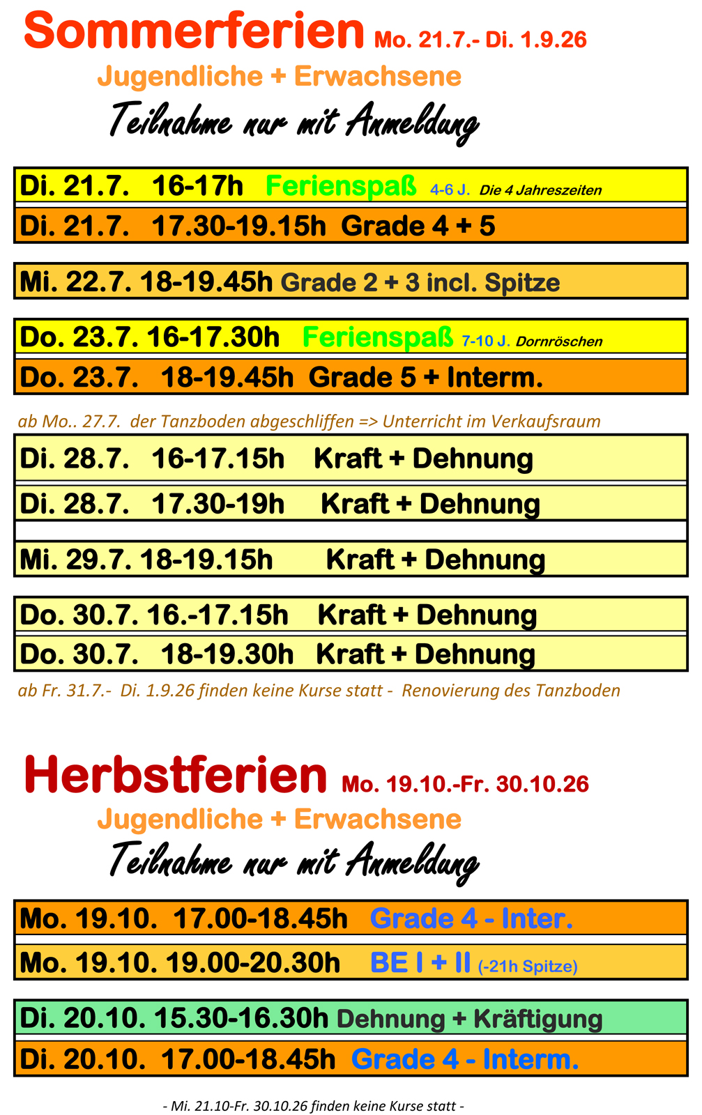 Sommer-Herbst-Ferien-2026 Ferienplan Ballettschule 2026